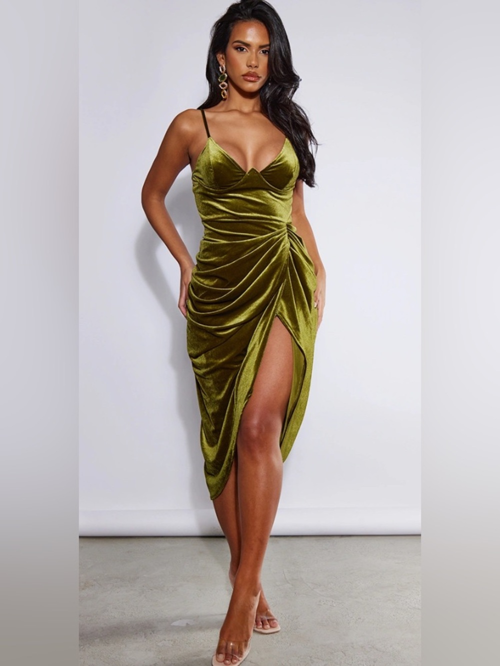 PrettyLittleThing Olive Green Velvet Draped Midi Dress Women’s Size 6 (NWT)